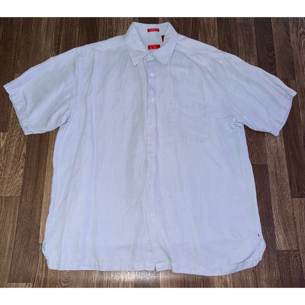 IZOD Mens Short Sleeve Button Down Shirt Silk Cotton Blend Blue Casual‎